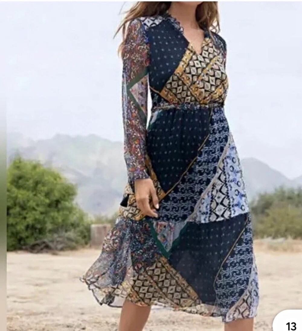 Johnny Was JADE Multicolor Silk Patchwork V-Neck Long Sleeve Midi Dress Medium